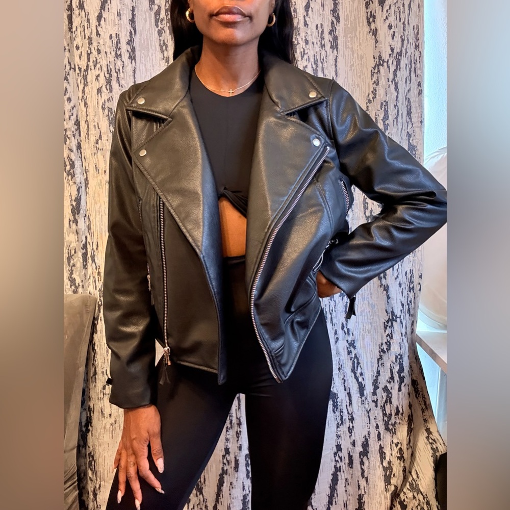H&M Black Faux Leather Motorcycle Jacket Asymmetrical Zipper